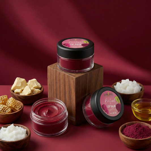 Aarogya Nutrimix Beetroot Lip Balm displayed with natural ingredients like shea butter, beeswax, and beetroot powder