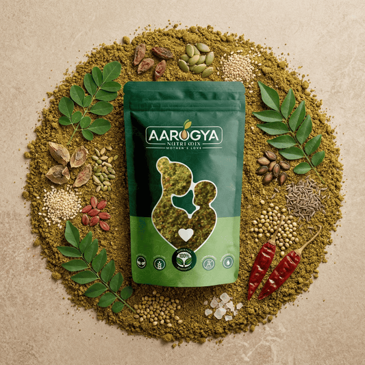 A pack of Aarogya Multi Vitamin Kaaram Podi chutney powder rich in vitamins, calcium, and minerals for daily nutrition.
