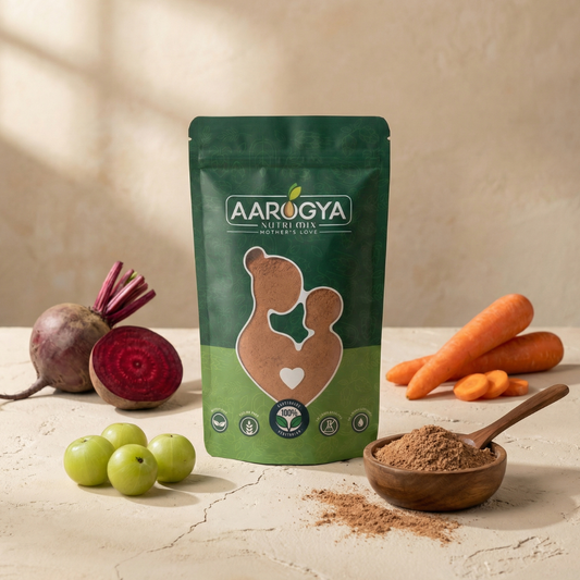A green pouch of Aarogya Nutri Mix health powder displayed with fresh beetroot, amla gooseberries, carrots, and a wooden bowl of the powder.