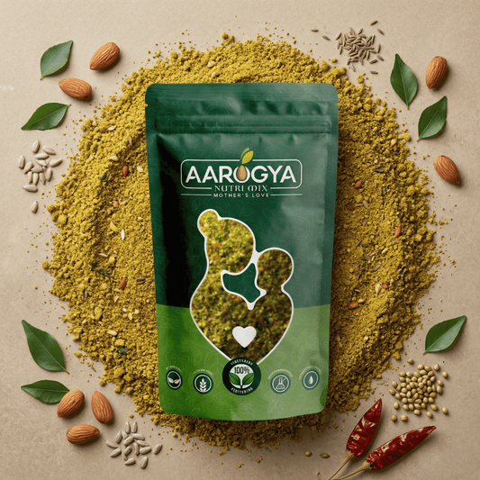 arogya Nutri Mix Curry Leaves Almond Chutney Podi in a green resealable pouch with fresh curry leaves, almonds and whole spices