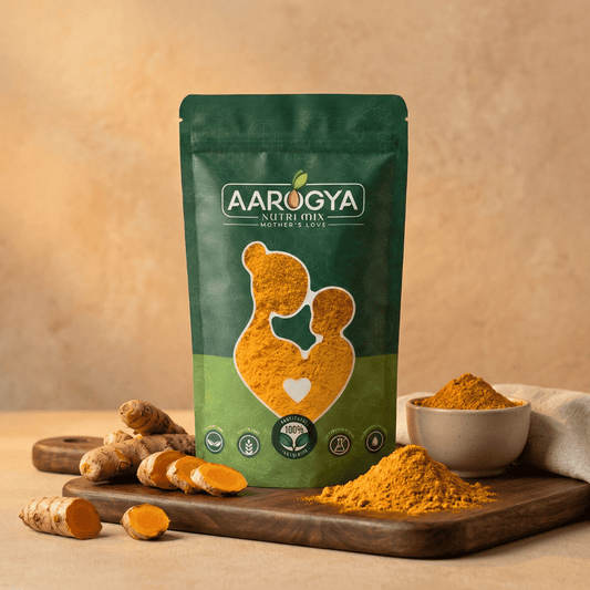 Aarogya Nutri Mix turmeric powder pouch on a wooden board surrounded by fresh turmeric root slices and a ceramic bowl