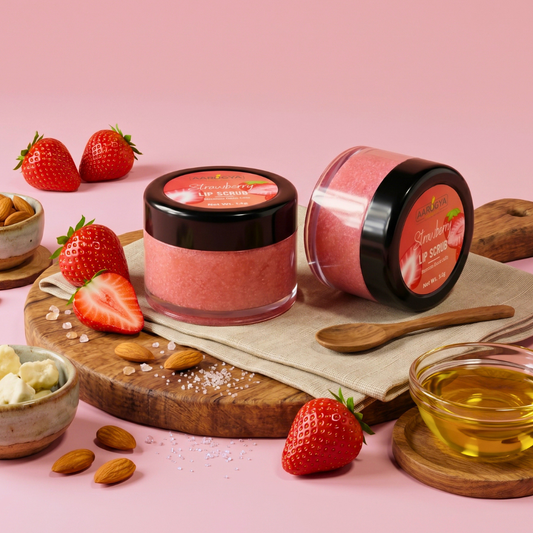 Two jars of Aarogya Strawberry Lip Scrub on a wooden board surrounded by fresh strawberries, almonds, and honey.