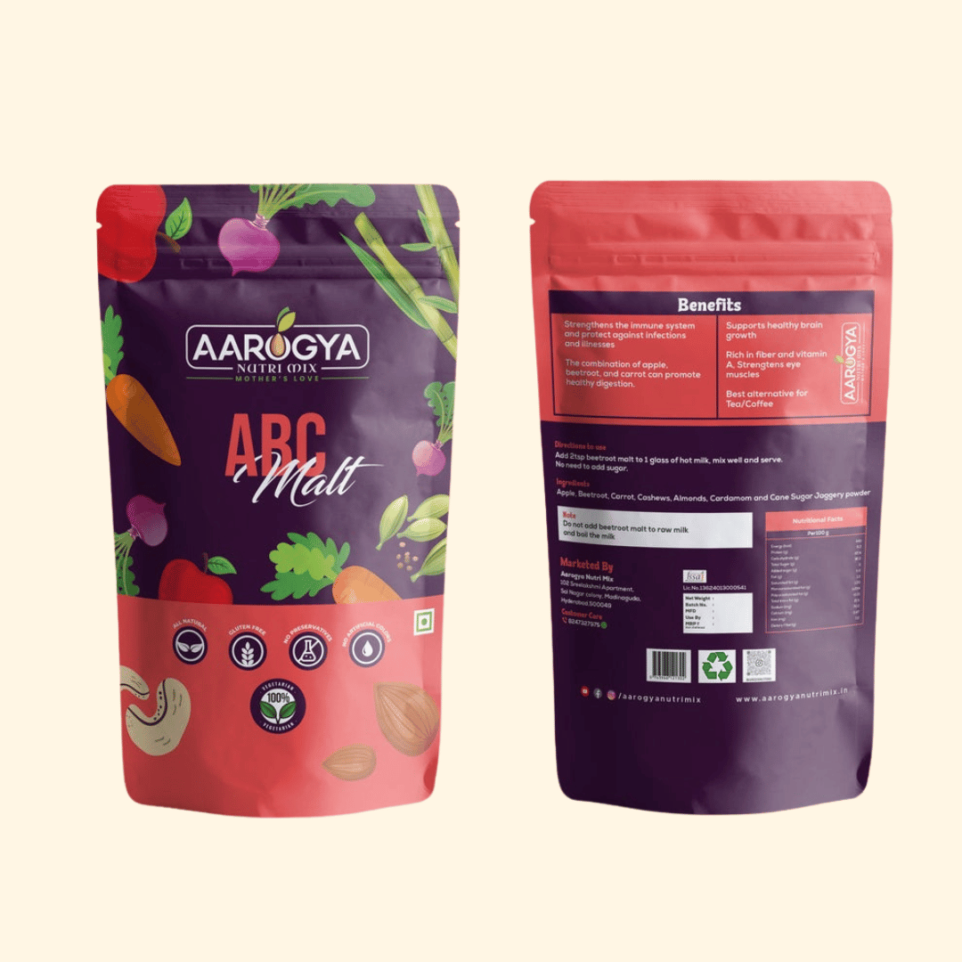 Aarogya ABC Malt standing pouch packaging layout showing the front graphic design and the back label with ingredients, benefits, and nutritional facts.