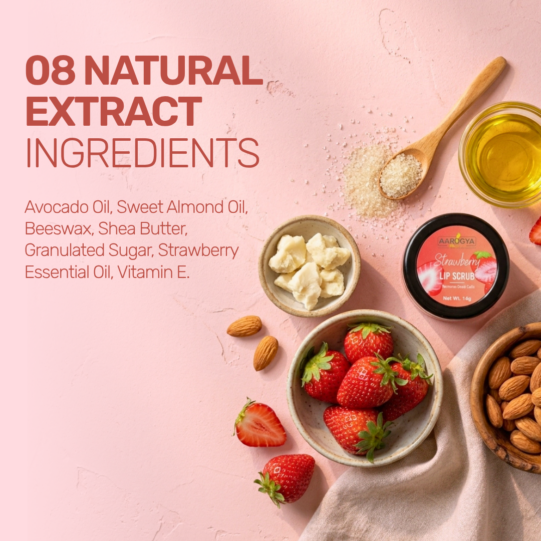 Graphic text: 08 Natural Extract Ingredients: Avocado Oil, Sweet Almond Oil, Beeswax, Shea Butter, Sugar, Strawberry Oil, Vitamin E