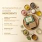 Aarogya herbal soap graphic detailing 10 thoughtfully chosen ingredients including ayurvedic powders and essential oils.