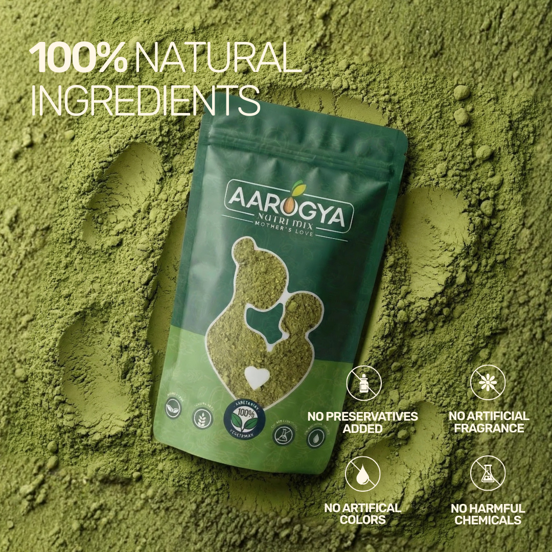 Aarogya Moringa Powder pouch with text highlighting 100 percent natural ingredients, no preservatives or chemicals