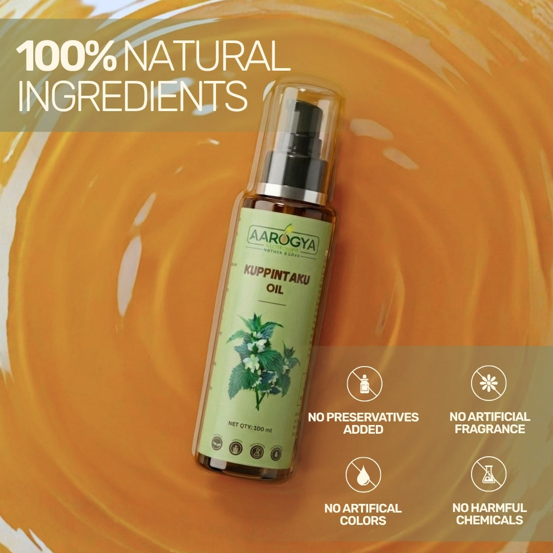 Aarogya Kuppintaku Oil bottle on golden oil texture, highlighting 100% natural ingredients with no harmful chemicals.
