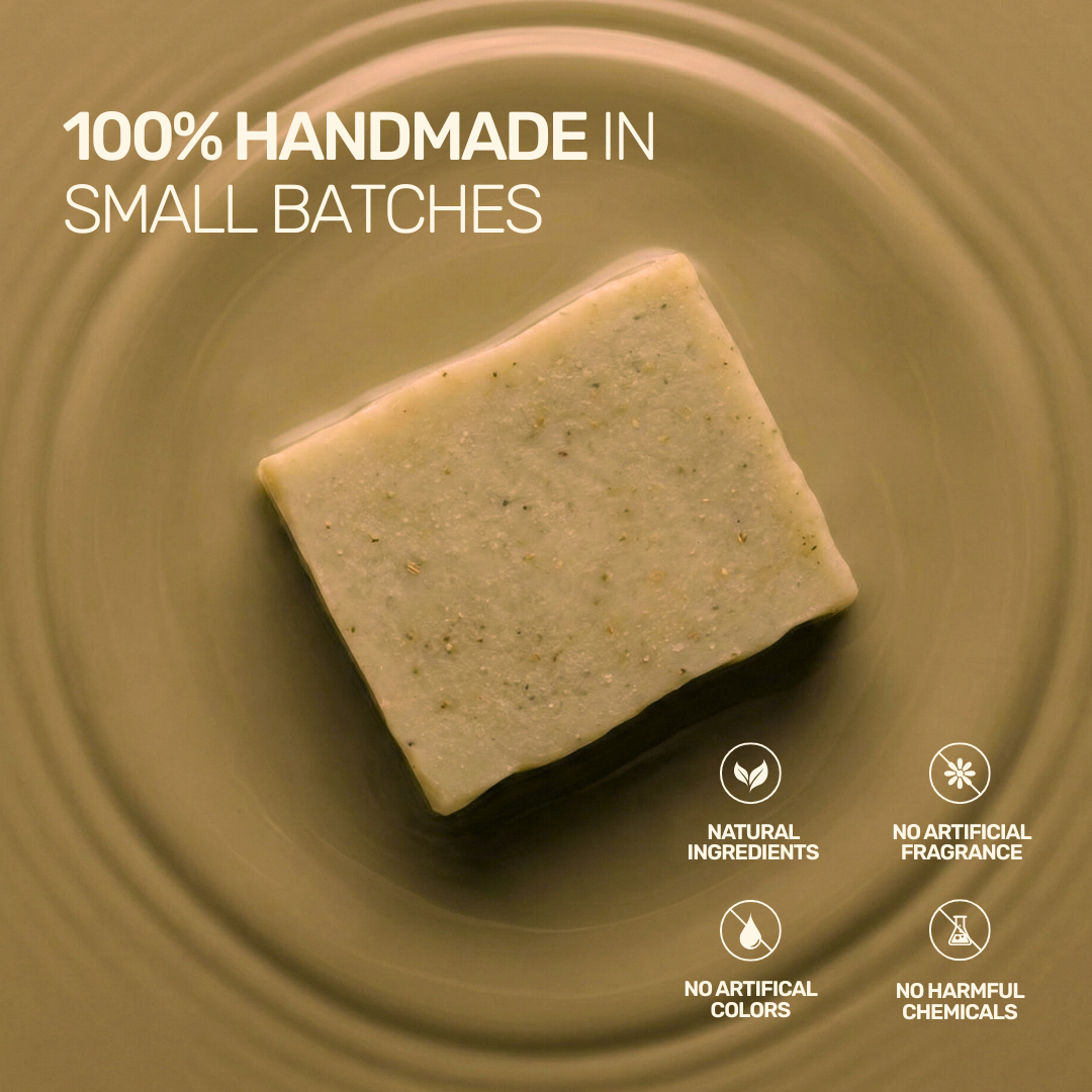 Handmade herbal soap bar with natural ingredients, free from artificial fragrance, colors, and harmful chemicals