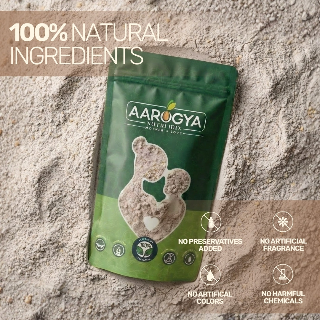 Aarogya porridge mix packaging highlighting 100 percent natural ingredients with no preservatives.
