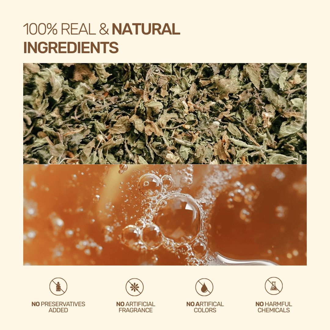 Immune-O-Boost tea split graphic showing 100 percent real, natural dried herbs and brewing tea with zero preservatives