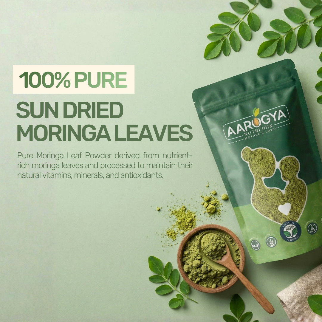 Aarogya Moringa Powder pouch with text highlighting 100 percent pure sun-dried leaves for natural vitamins