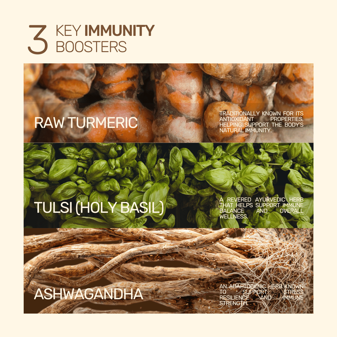 An infographic displaying 3 key immunity boosters: raw turmeric roots, green tulsi leaves, and fibrous ashwagandha roots.