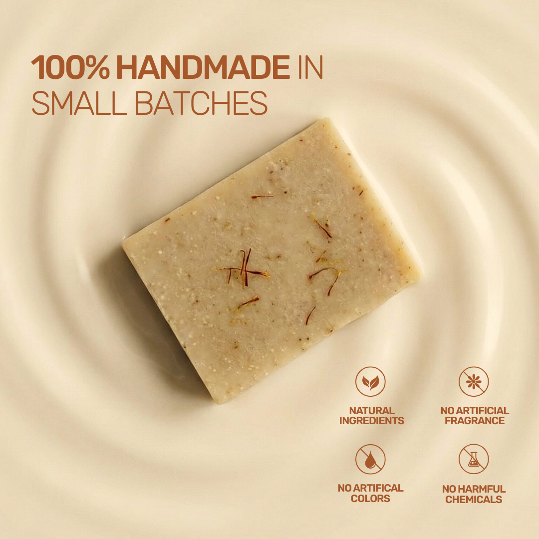Aarogya soap bar purity graphic showing natural ingredients with no artificial colors or fragrances.