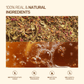 An infographic displaying raw crushed herbal tea botanicals and a macro view of brewed amber tea with clean-label badges