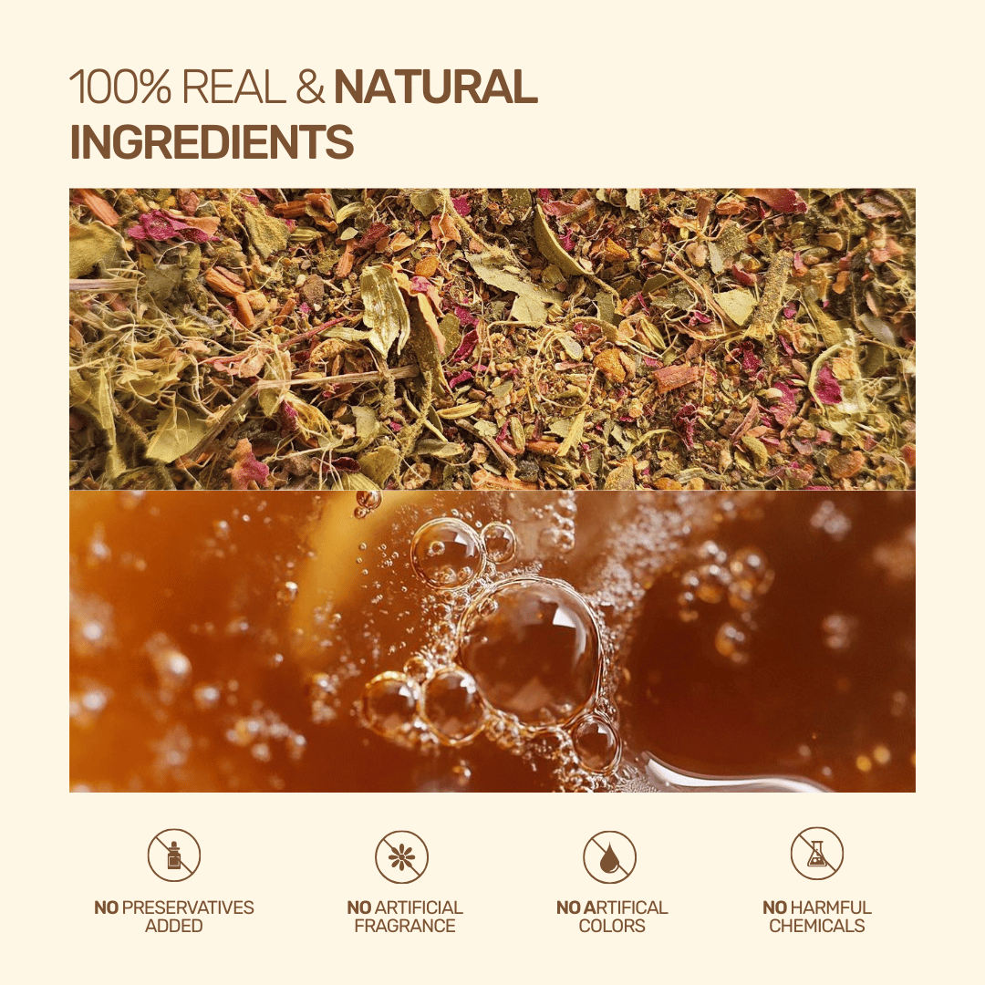 An infographic displaying raw crushed herbal tea botanicals and a macro view of brewed amber tea with clean-label badges