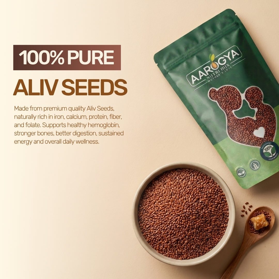100 percent pure Aarogya Nutrimix Aliv seeds package with raw garden cress seeds, high in iron, protein, and folate.