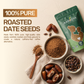 Pack of Aarogya Nutrimix 100% pure roasted date seed coffee powder shown with finely ground date pit powder and whole dates
