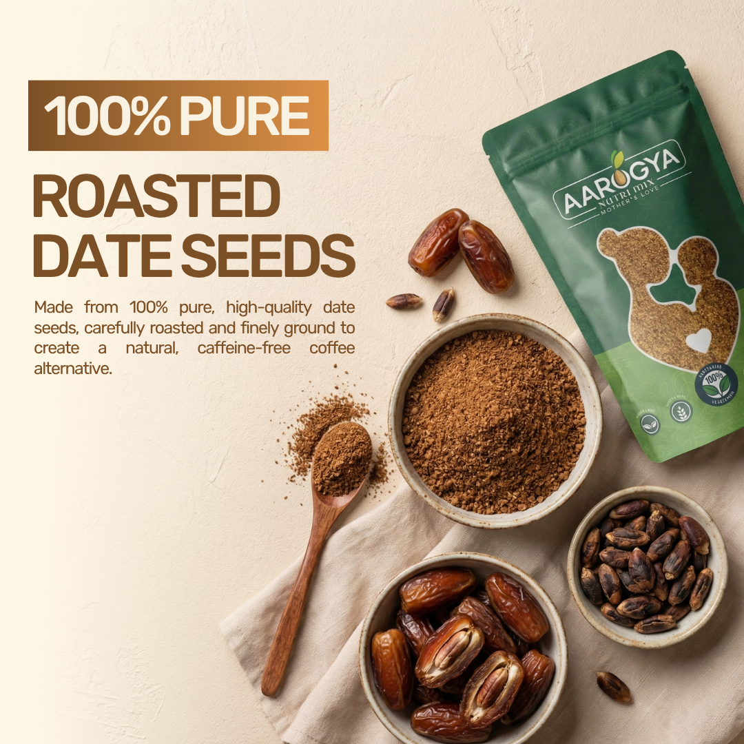 Pack of Aarogya Nutrimix 100% pure roasted date seed coffee powder shown with finely ground date pit powder and whole dates