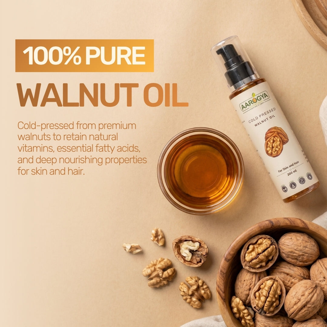 100 percent pure Aarogya Nutrimix cold-pressed walnut oil bottle with raw walnuts and a dish of golden oil.