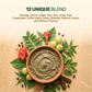 Infographic showing a 12 unique herbal blend paste with amla, hibiscus, and coffee beans for hair care.