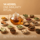 An infographic banner showing a glass teapot surrounded by 14 bowls of raw herbs like tulsi, moringa, and ashwagandha.