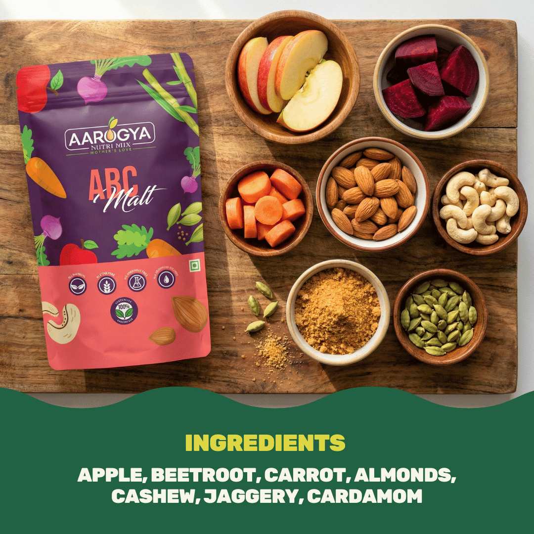Aarogya ABC Malt ingredient infographic showing bowls of apple, beetroot, carrot, almonds, cashews, jaggery, and cardamom.