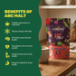 Infographic showing an Aarogya ABC Malt pouch next to a wellness beverage, highlighting health benefits for bone, muscle, and digestive tracking.