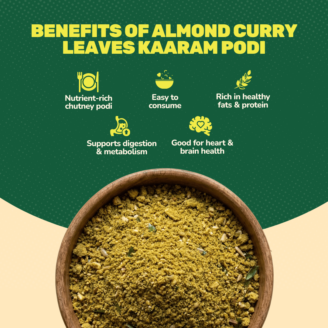 Aarogya Almond Curry Leaves Kaaram Podi benefits – nutrient-rich, supports digestion, heart health and rich in healthy fats and protein