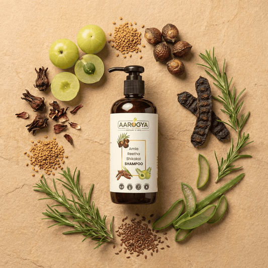 Aarogya natural herbal shampoo bottle with amla, reetha, and shikakai ingredients