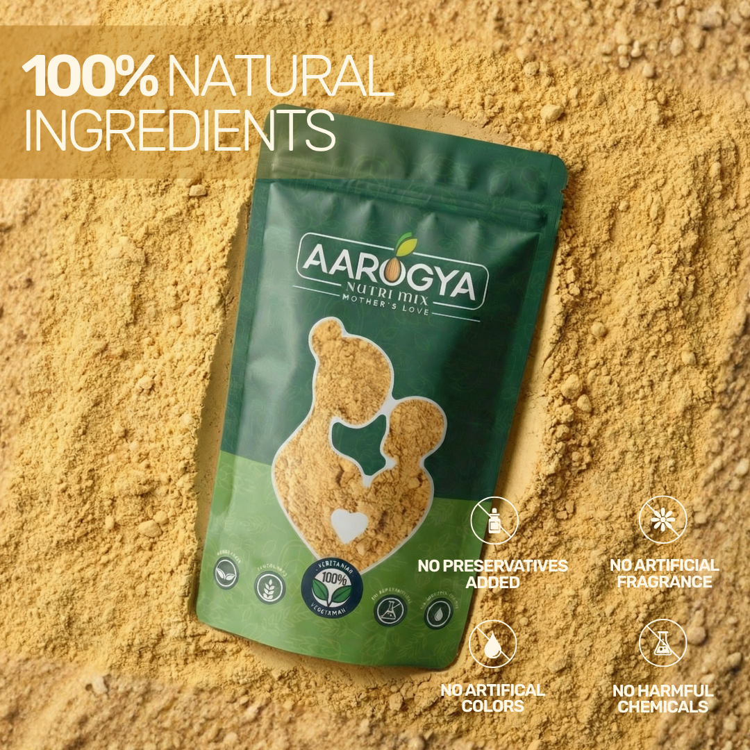 Pack of 100% natural Aarogya Nutrimix Avarampoo Flower Powder resting on fine yellow powder, free from preservatives and chemicals