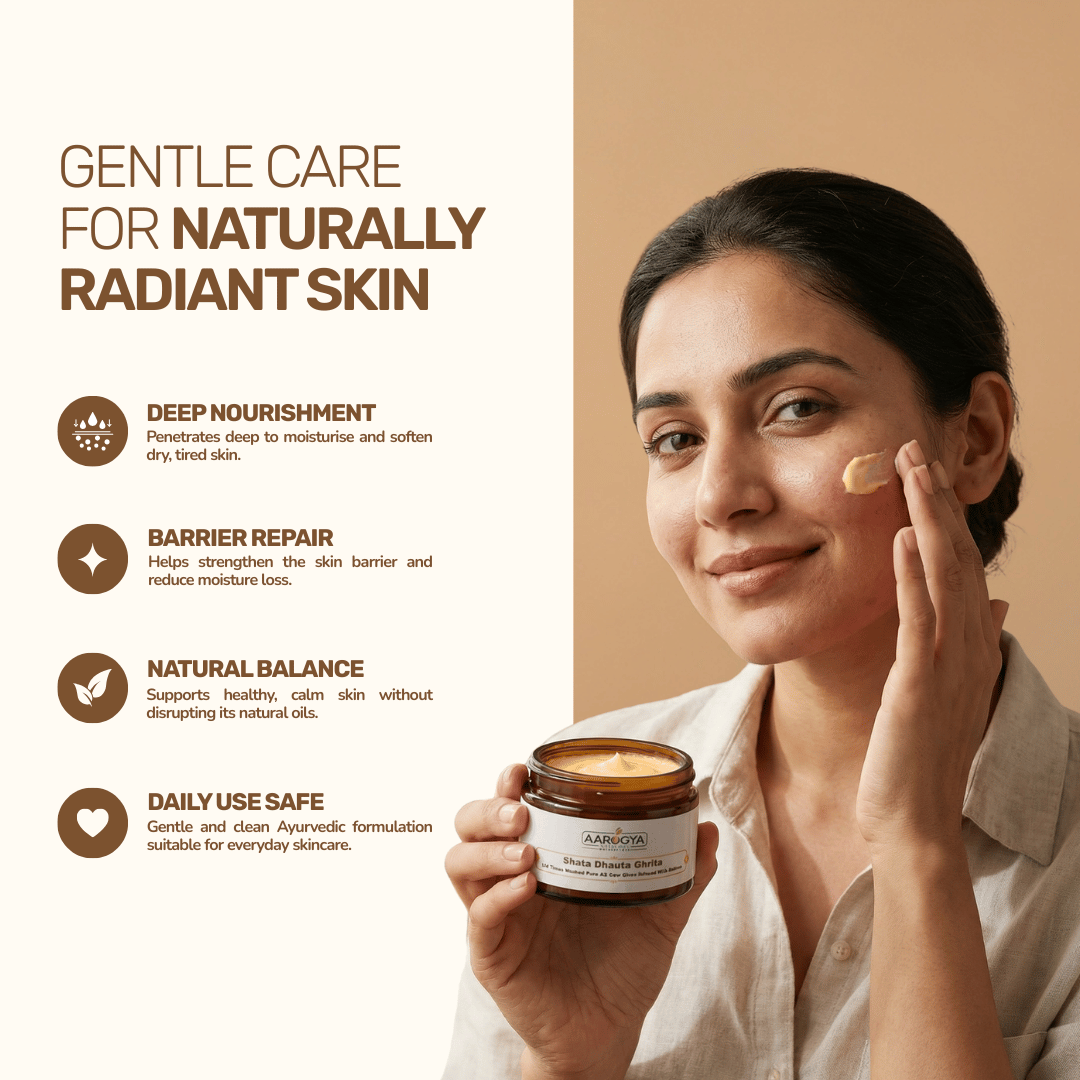 Infographic showing a woman applying Aarogya cream from a container, highlighting benefits for radiant skin.