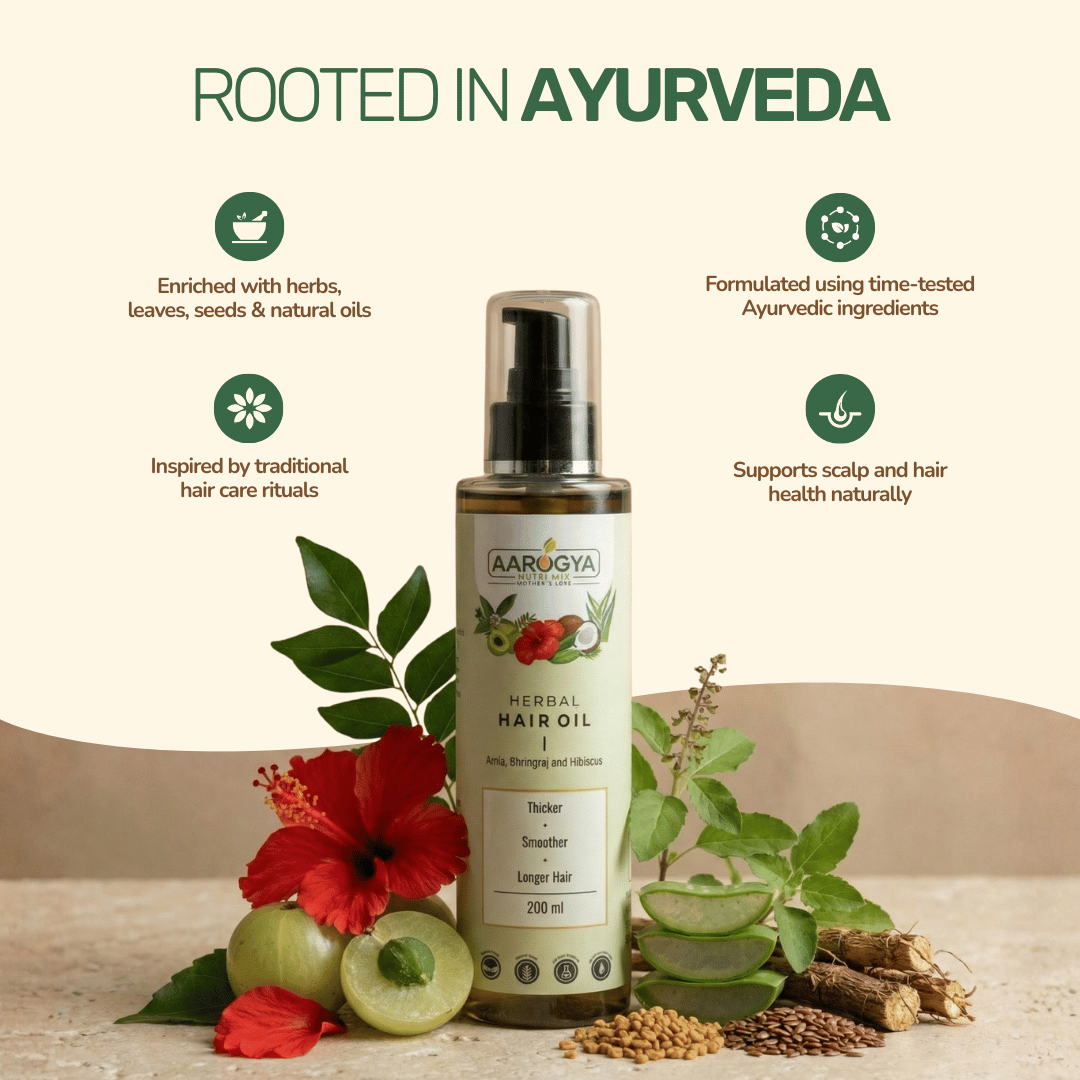 Heritage infographic for Aarogya hair oil detailing time-tested Ayurvedic ingredients for scalp health.