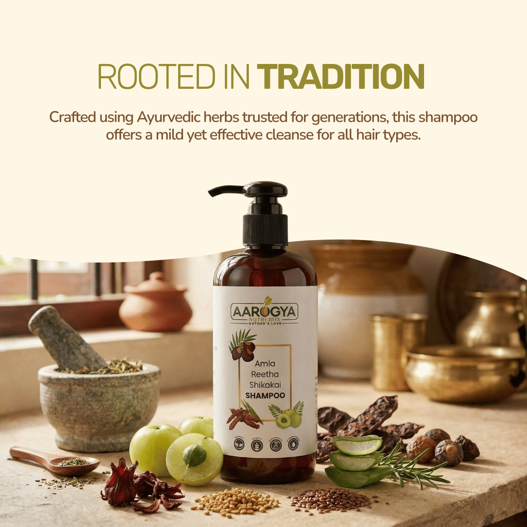 Aarogya Ayurvedic shampoo banner featuring traditional herbs, describing a mild and effective cleanse for all hair types.