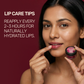 Aarogya Nutrimix Beetroot Lip Balm to hydrated lips with text advising to reapply every 2 to 3 hours