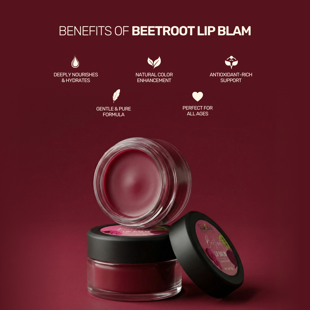 Health benefits chart for Aarogya Nutrimix Beetroot Lip Balm highlighting deep nourishment, natural color, and antioxidant support