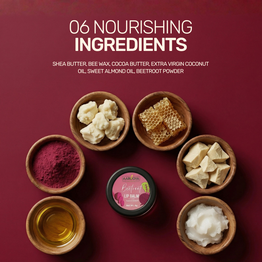 6 nourishing ingredients in Aarogya Nutrimix Beetroot Lip Balm including shea butter, beeswax, and cocoa butter.
