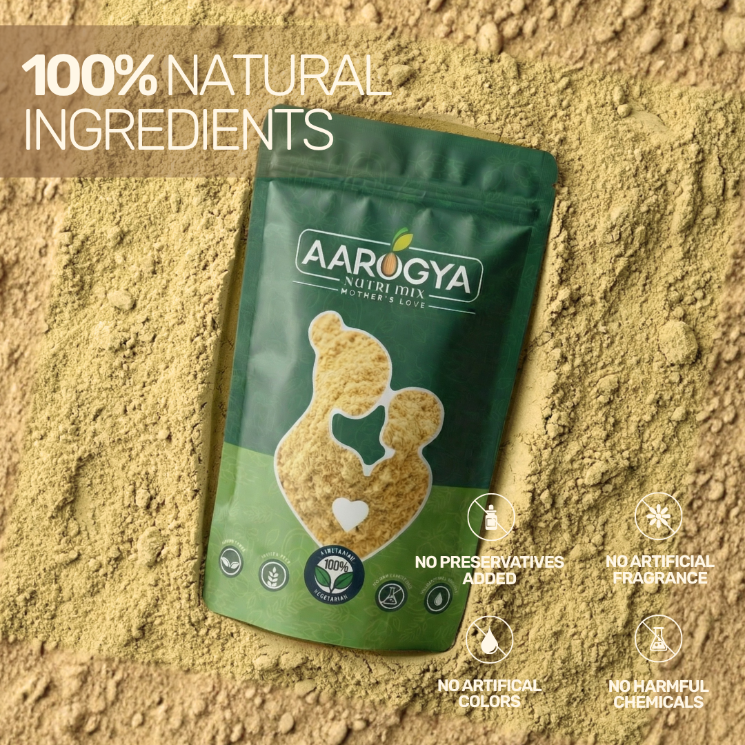 100% natural Aarogya Nutrimix Bitter Gourd Powder set on fine karela powder, free from preservatives and artificial chemicals.