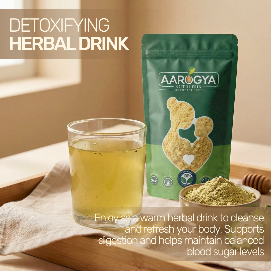 Freshly prepared warm bitter gourd herbal drink serving as a natural body cleanser to support digestion and maintain healthy blood sugar levels.