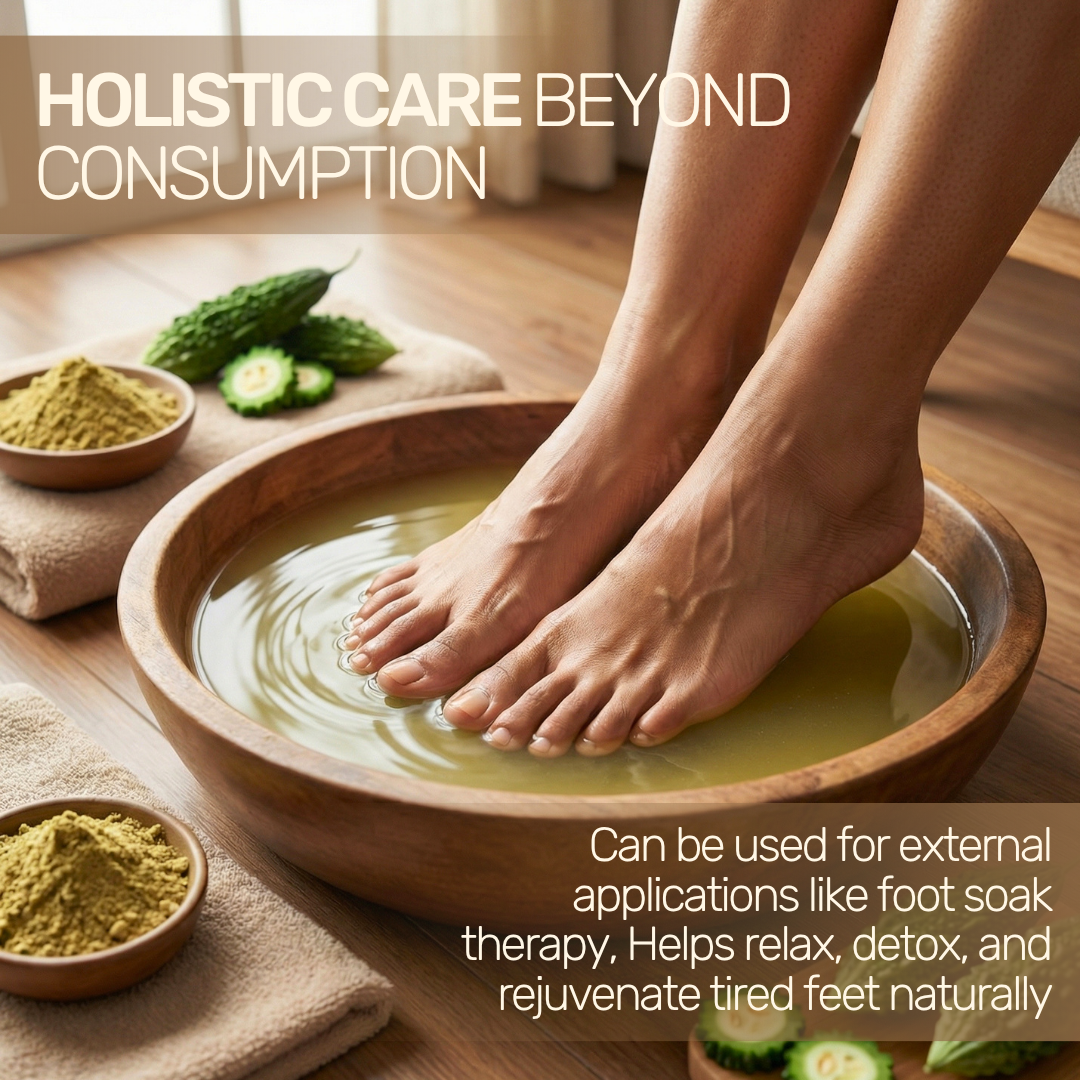 Herbal foot soak therapy using natural bitter melon powder to relax, detoxify, and rejuvenate tired feet naturally.