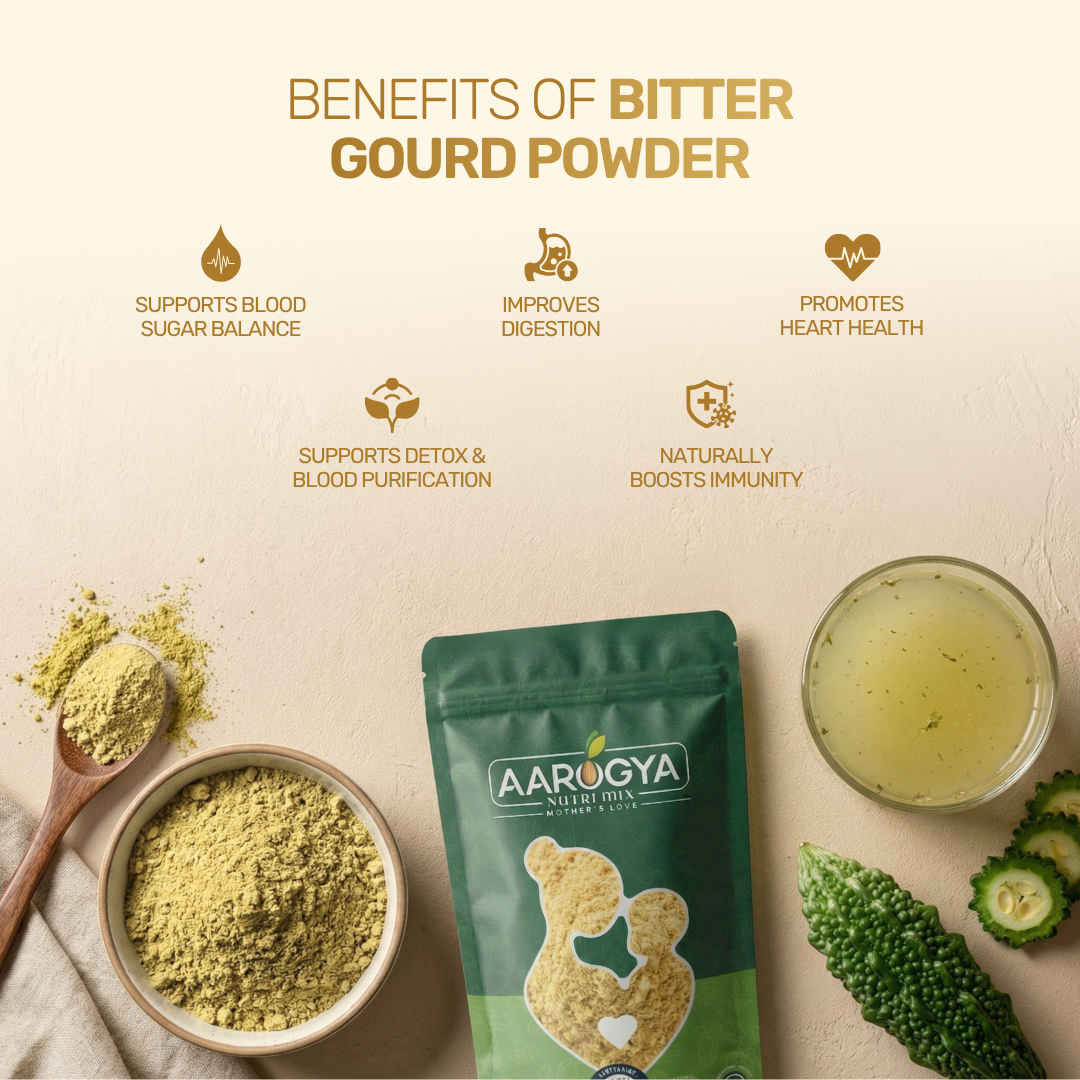 Aarogya Nutrimix Bitter Gourd Powder highlighting blood sugar balance, blood purification, and immunity support.