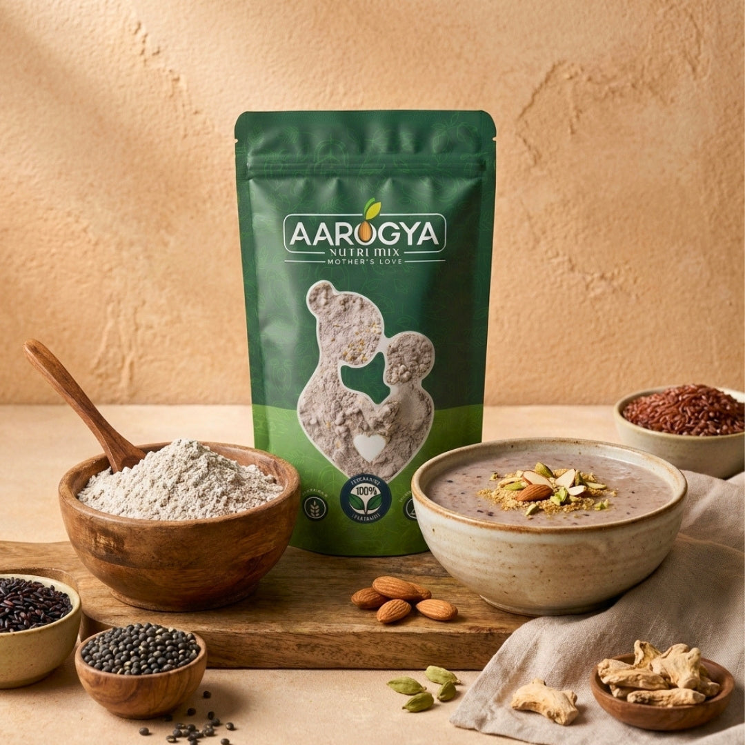 Aarogya Nutri Mix Black Rice Urad Dal Porridge packaging next to a bowl of prepared porridge with almonds
