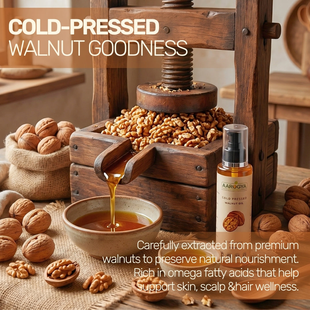 Traditional wooden cold-press extraction of Aarogya Nutrimix walnut oil rich in omega fatty acids for scalp and hair.