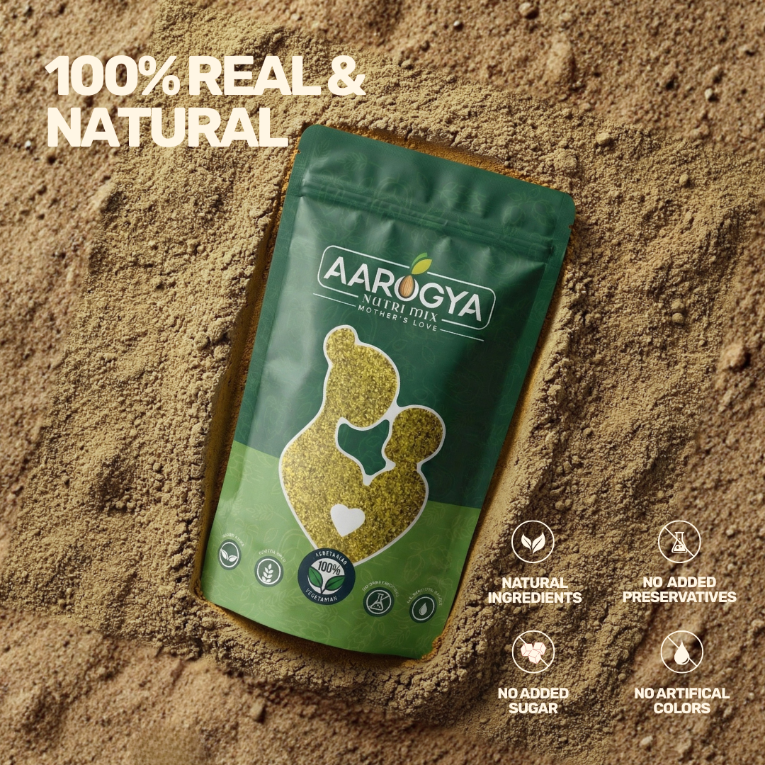 A pack of Aarogya Collagen and Biotin powder resting in raw powder blend with 100% real and natural purity badges.