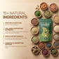 An ingredient infographic for Aarogya Collagen and Biotin powder detailing 15 natural foods, seeds, and botanicals.