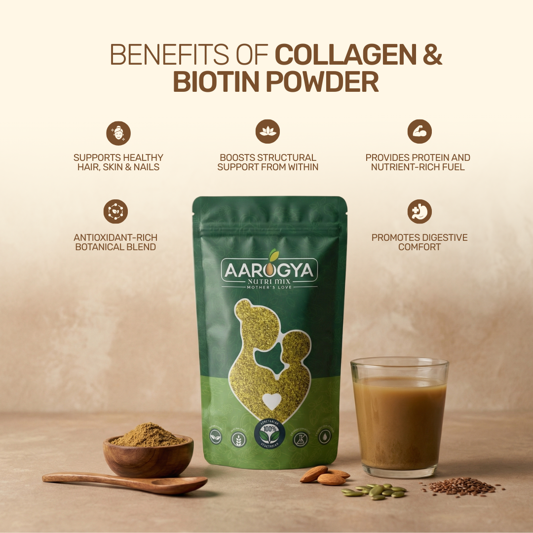 An infographic displaying the benefits of Aarogya Collagen and Biotin powder next to a mixed wellness drink and raw nuts.