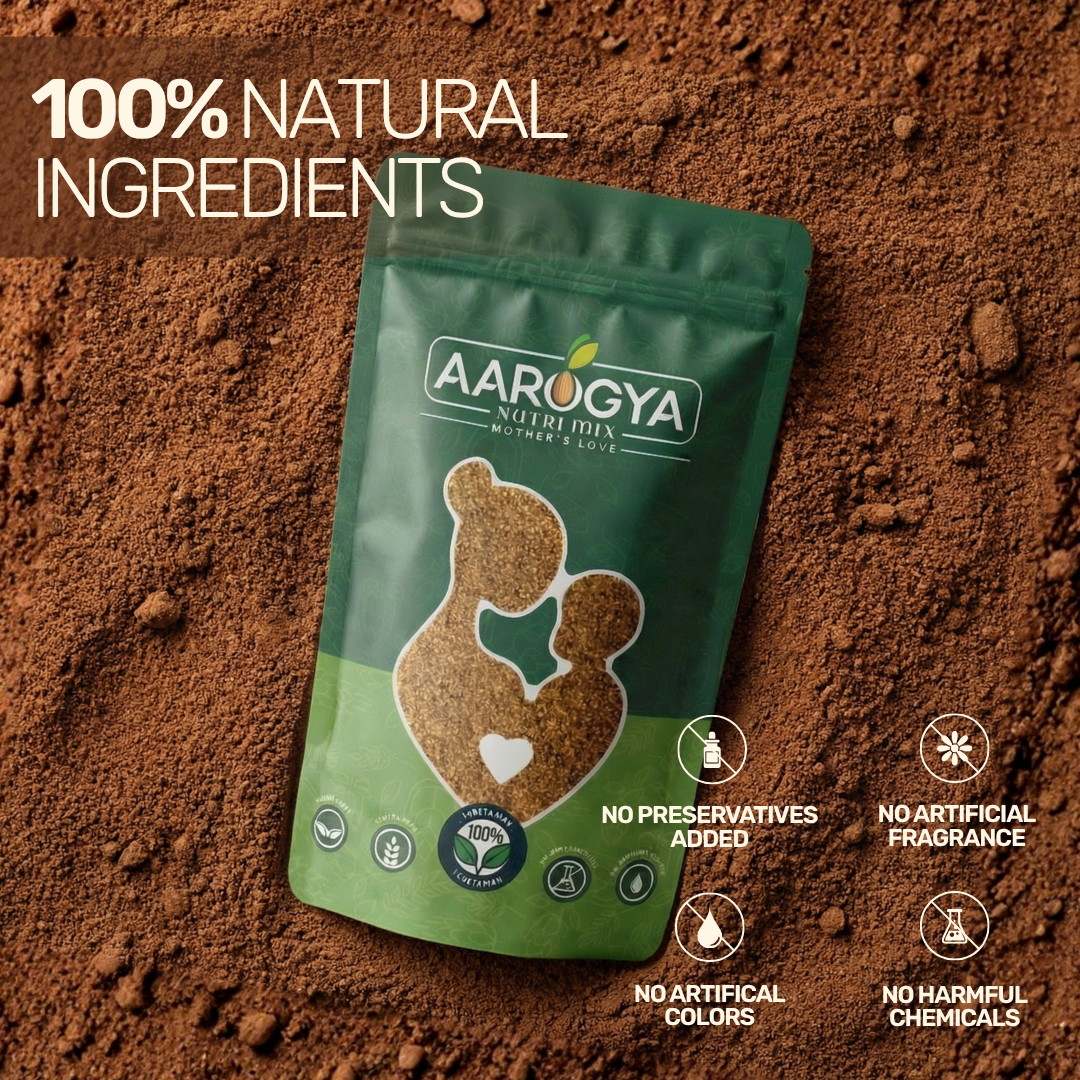 Green pouch of 100% natural Aarogya Nutrimix Date Seed Coffee Powder placed on finely ground roasted date seeds, free from added preservatives