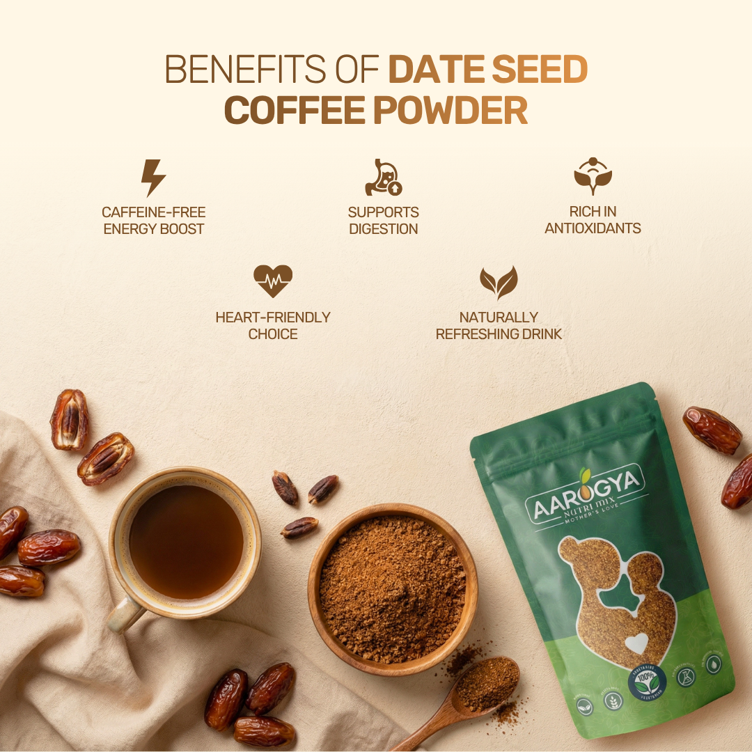 health benefits of date seed coffee like heart-friendly properties, digestion support, and natural energy boost.