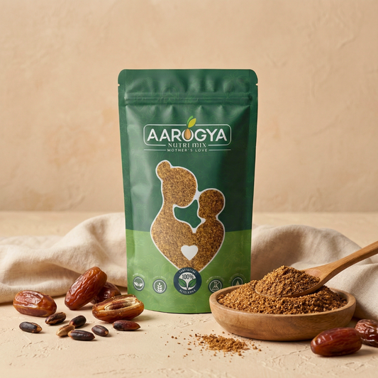Aarogya Nutrimix Date Seed Coffee Powder next to a wooden bowl of roasted date pit powder and fresh whole dates