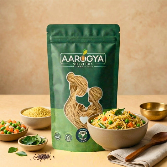 Healthy foxtail millet semiya pouch alongside raw millet grains and a fresh bowl of cooked vegetable vermicelli.