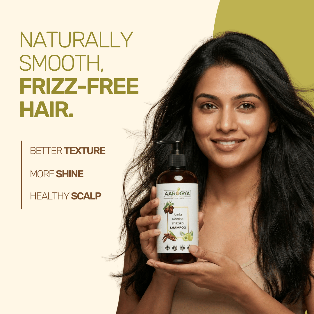 Aarogya herbal shampoo for naturally smooth, frizz-free hair with benefits for texture, shine, and scalp health.